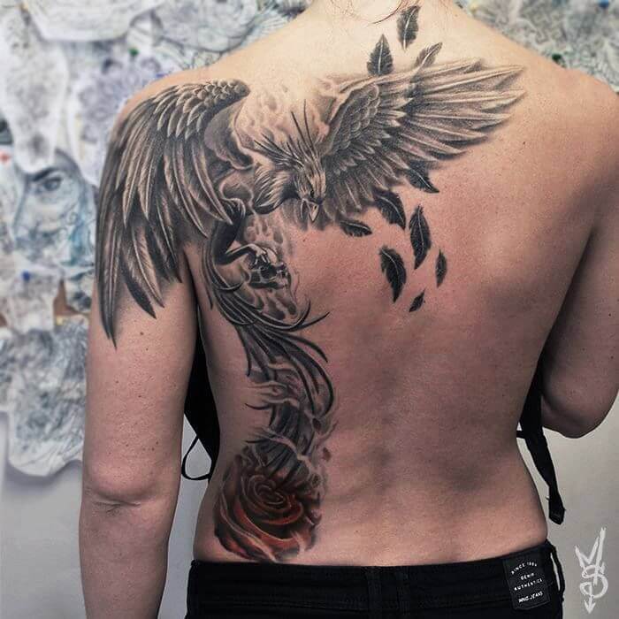 Flying Phoenix Back Tattoo