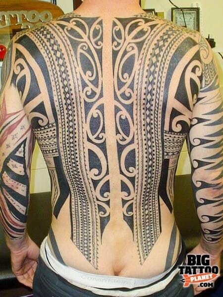 Unique Polynesian Back & Arm Full Body Tattoo Idea