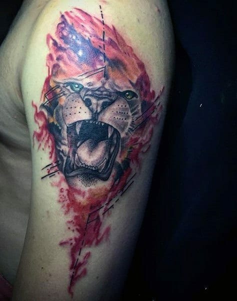 Red Arm Lion Roaring Tattoo