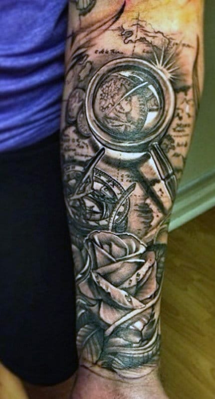 Rose Compass Arm Tattoo