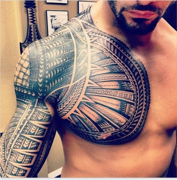 Samoan Tribal Chest & Arm Sleeve Tattoo