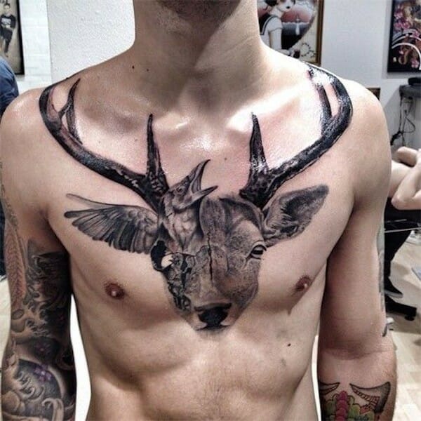 Deer Head Chest Tattoo