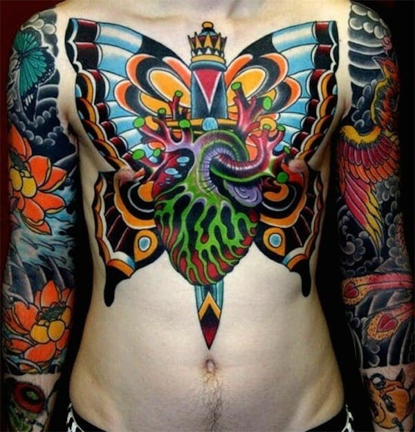 Colourful Butterfly Chest Tattoo