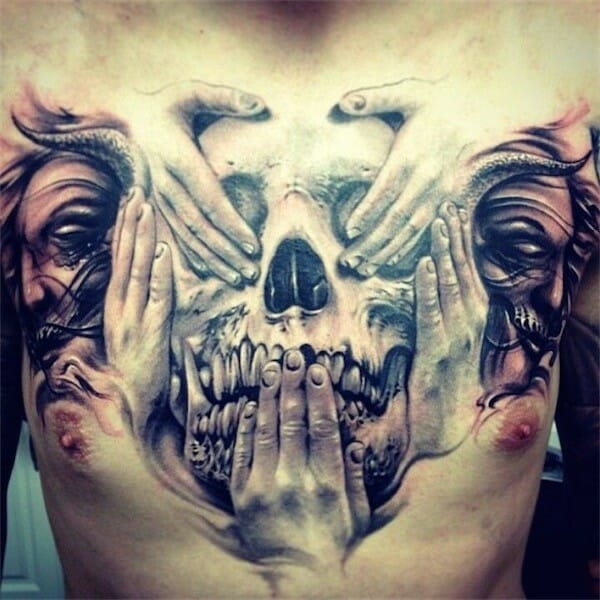 Unique Skull Chest Tattoo