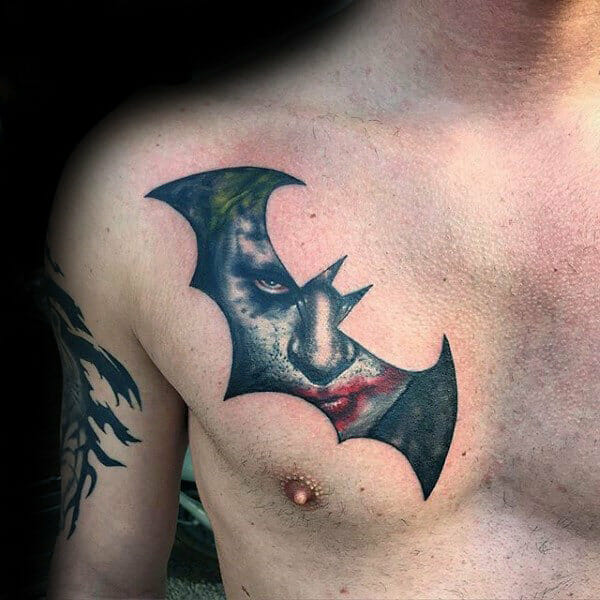 Batman Symbol With Joker Chest Tattoo