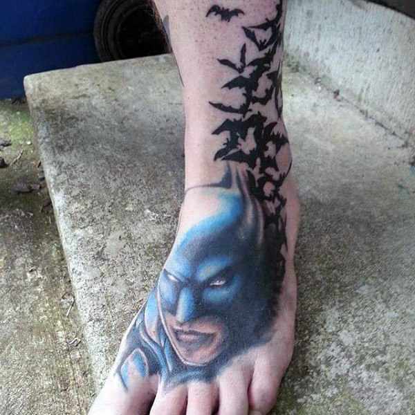 Batman Design with Flying Bats Leg Tattoo