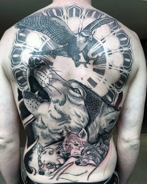 Bird & Howling Wolf Tattoo