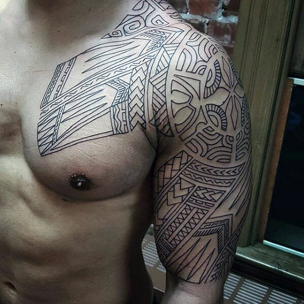 Black Ink Outline Tribal Upper Arm & Shoulder Tattoo