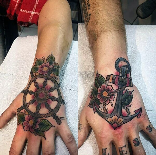 Anchor & Wheel Couples Hand Tattoo