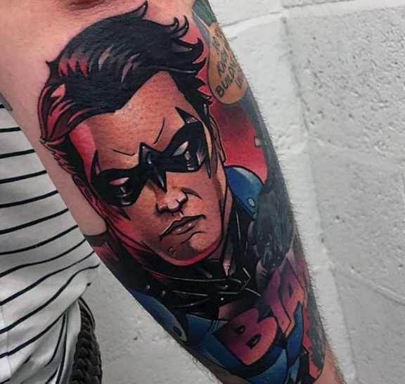 Comic Style Robin Arm Tattoo