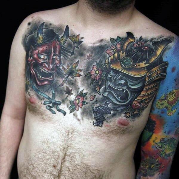 Evil Samurai Masks & Flowers Chest Tattoo