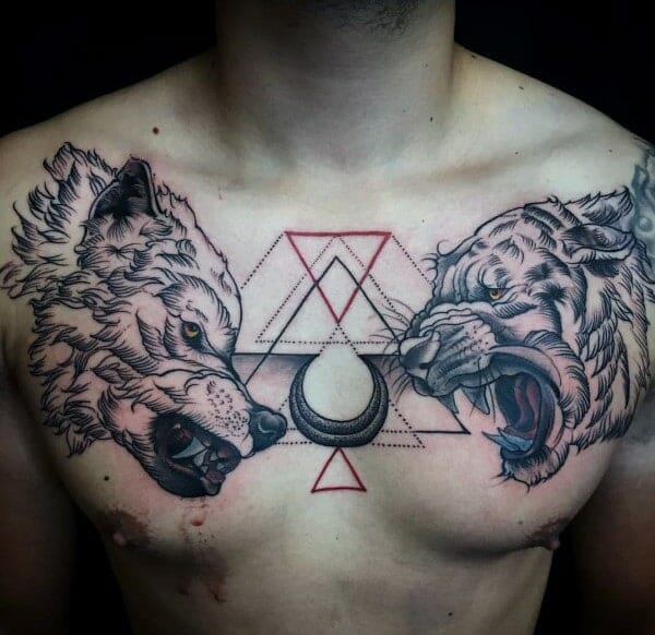 Geometrical Wolf Chest Tattoo