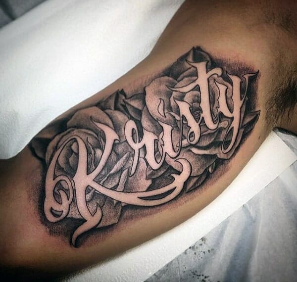 "Kristy" Rose Flower Name Tattoo on Arm