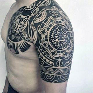 Hawaiian Tribal Half Sleeve & Chest Tattoo with Sun Designs