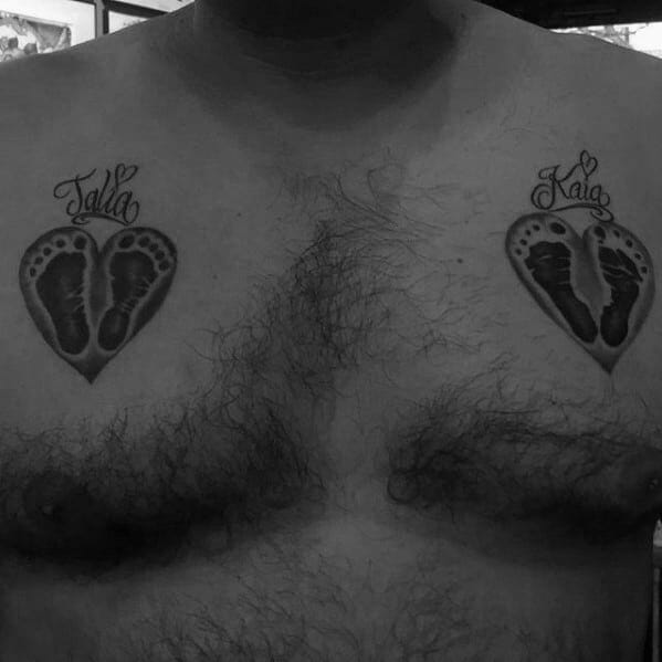 Heart Footprints with Kids Name Upper Chest Tattoo