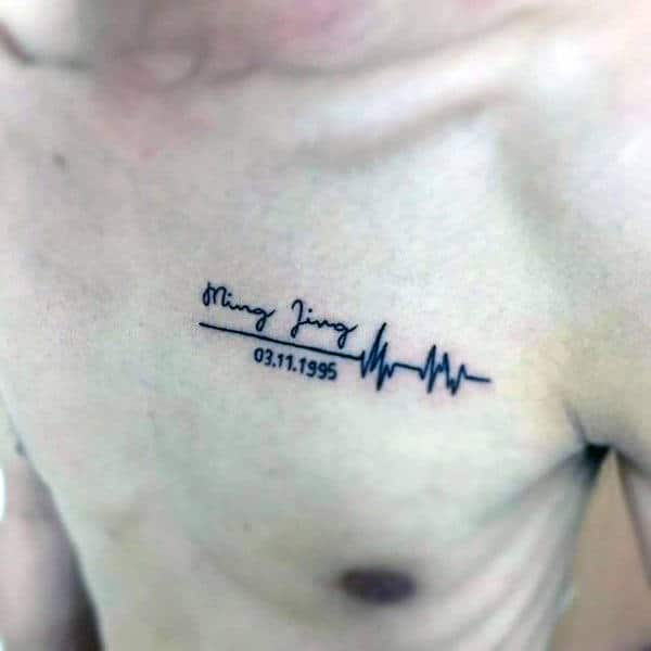 Heartbeat & Birth Date Upper Chest Name Tattoo