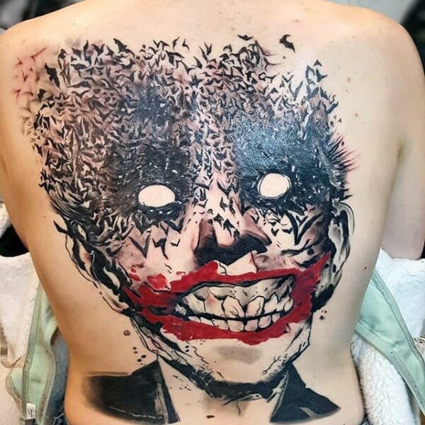 Incredible Full Back Joker with Bats Flying Tattoo