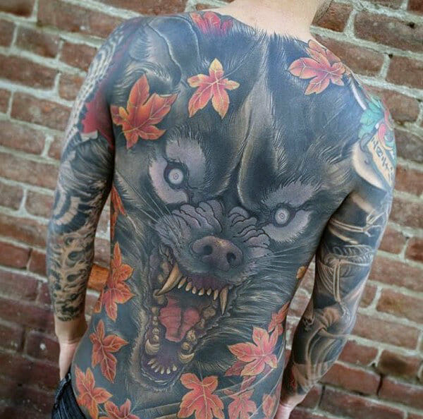 Japanese Wolf Back Tattoo