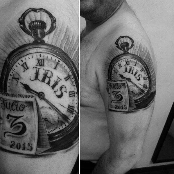 Name In Pocket Watch Arm Tattoo