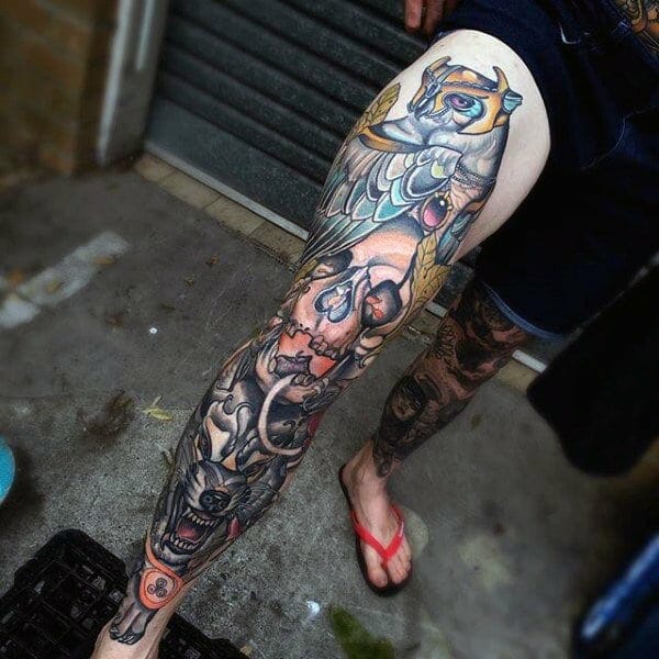 Wolf Sleeve Leg Tattoo