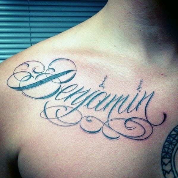 "Benjamin" Script Upper Chest Name Tattoo
