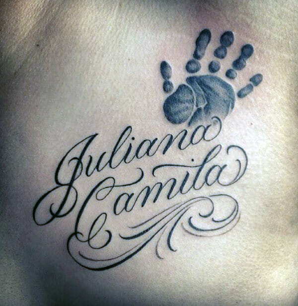 "Juliana" Handprint Upper Chest Name Tattoo