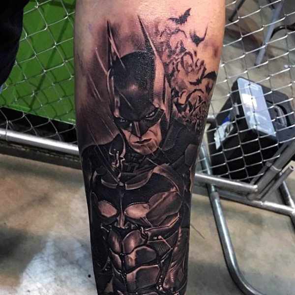 Lower Leg Batman Black & Grey Tattoo