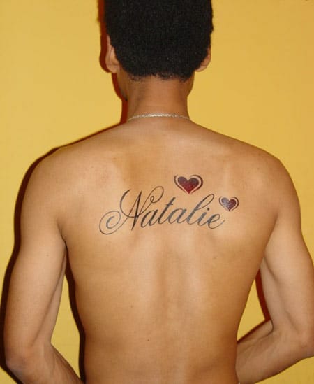 Cool Name Tattoo Back Design with Hearts