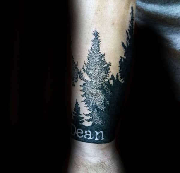 Pine Tree Forest with Name Forearm Tattoo