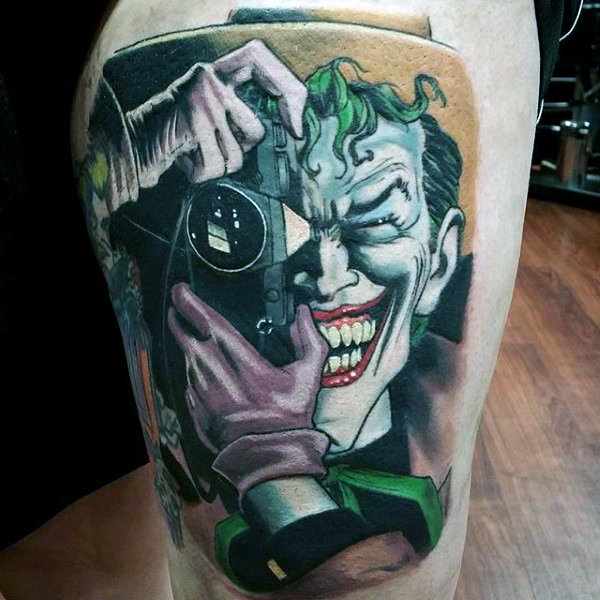 Realistic The Joker Thigh Tattoo