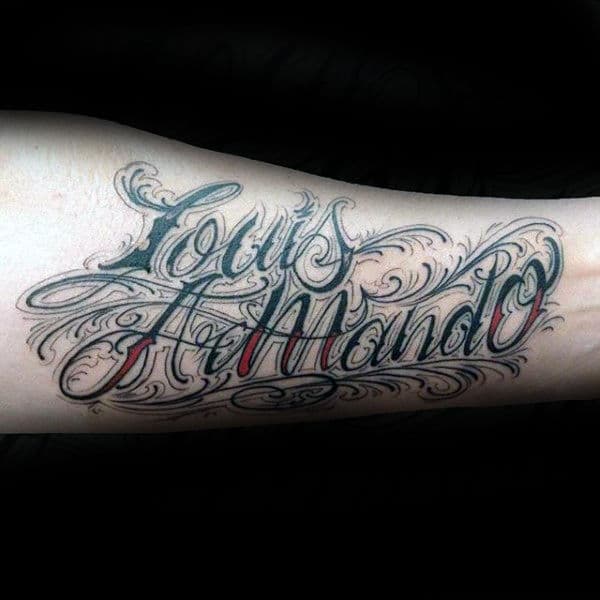 Red & Black Cool Name Forearm Tattoo