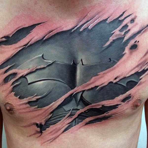 Ripped Skin Batman Suit Chest Tattoo