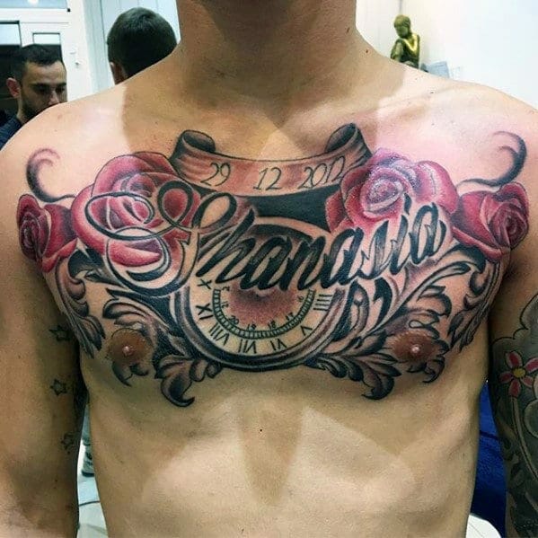 Clock with Scroll & Rose Design Chest Name Tattoo