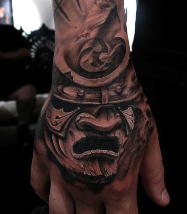 Samurai Mask Hand Tattoo