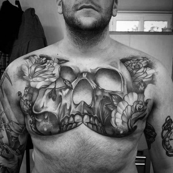 Black & Grey Skull Chest Tattoo
