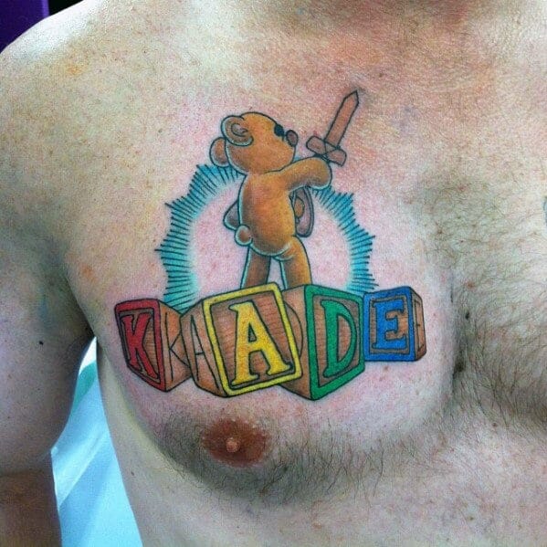 Name with Teddy Bear with Blocks Tattoo Upper Chest