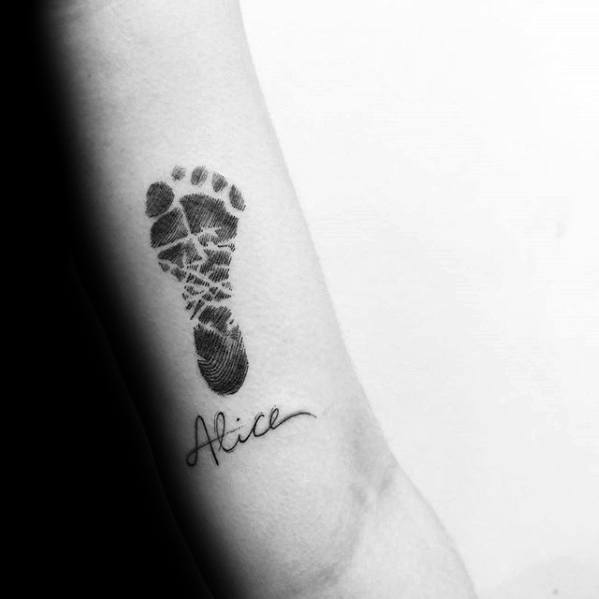 Cool Name & Footprint Forearm Tattoo
