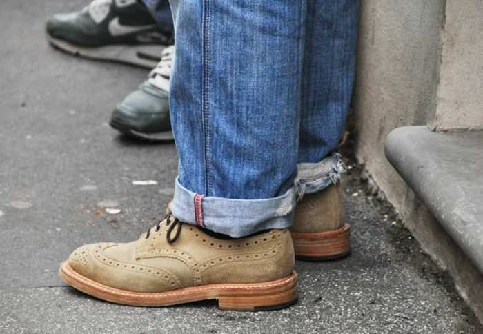 faded denim jeans mens street style brown brogues