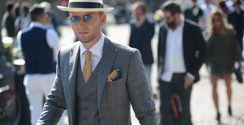 mens fashion grey checked shirt white shirt grey waistcoast yellow tie sunglasses bolwer hat shirt and tie combinations with a grey suit