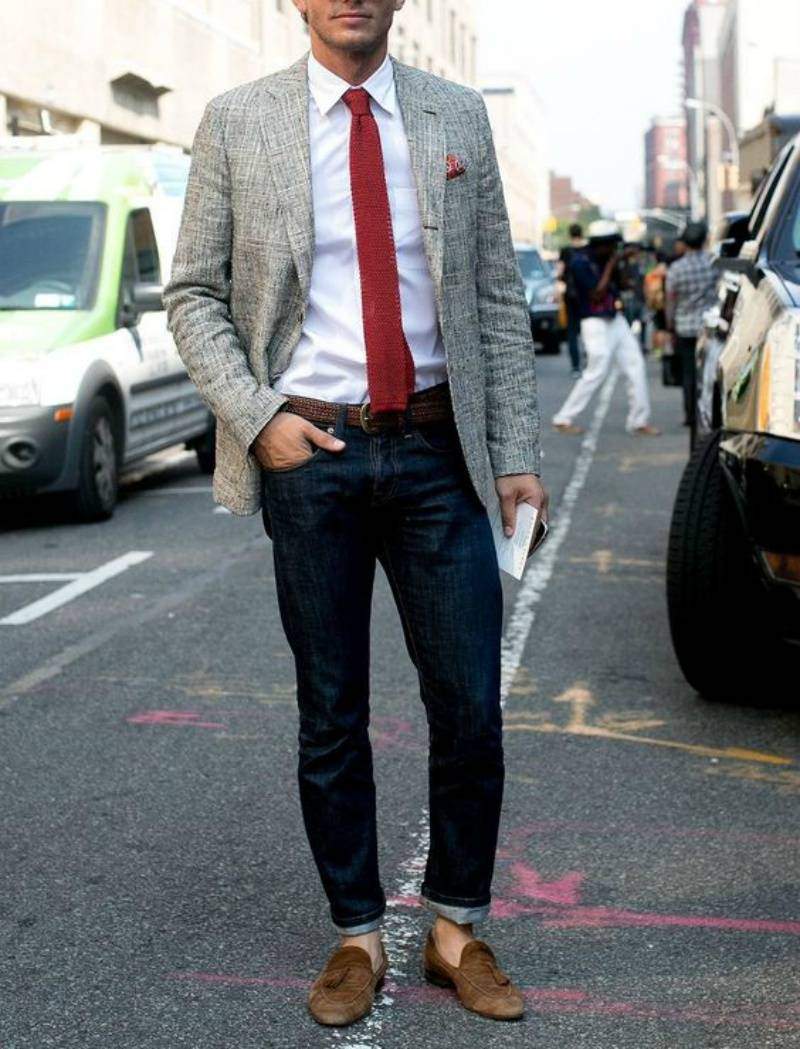 mens street style grey blazer white shirt blue jeans red tie