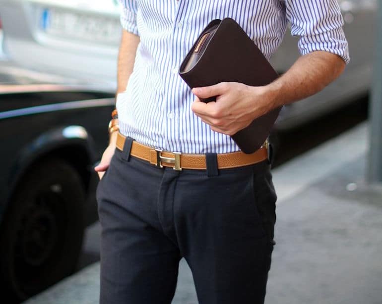 mens street style striped shirt black trousers sunglasses belt