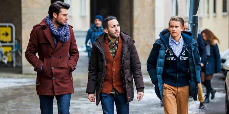 mens street style red jacket blue puffa