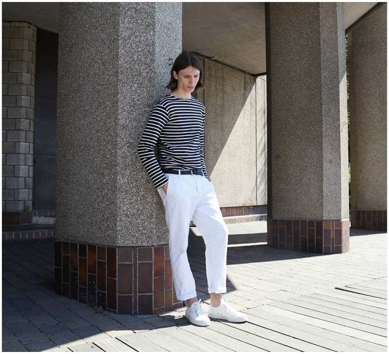 white trainers white chinos stripe top mens style