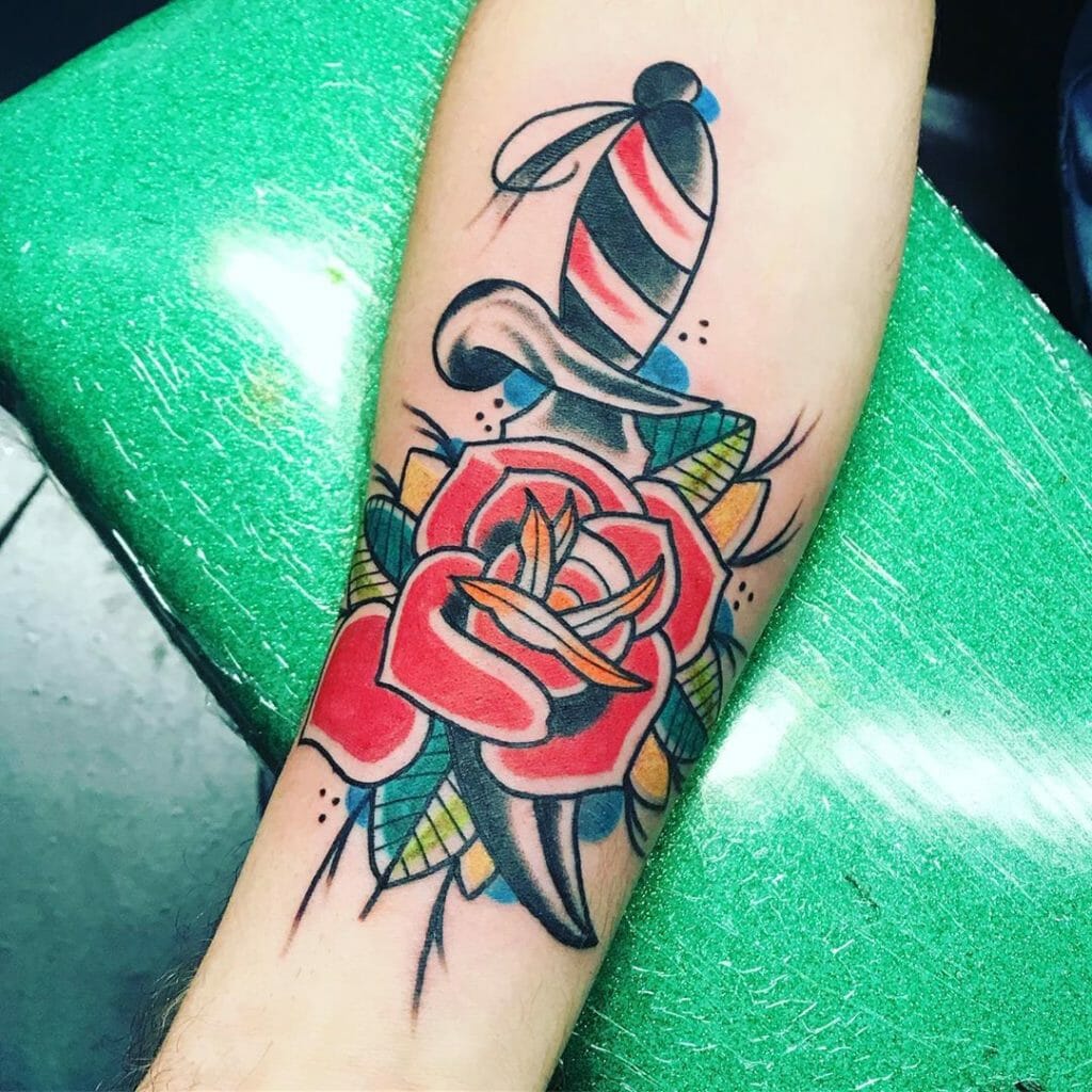 Traditional rose dagger tattoo design