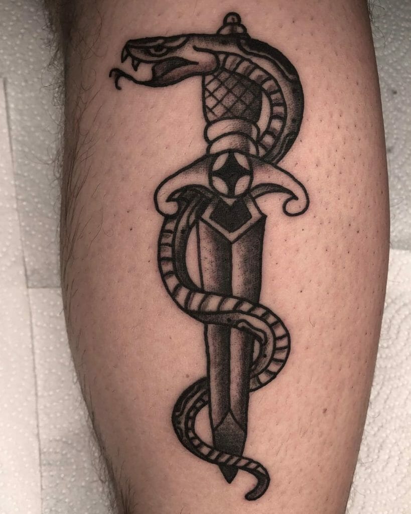 Traditional snake dagger tattoos