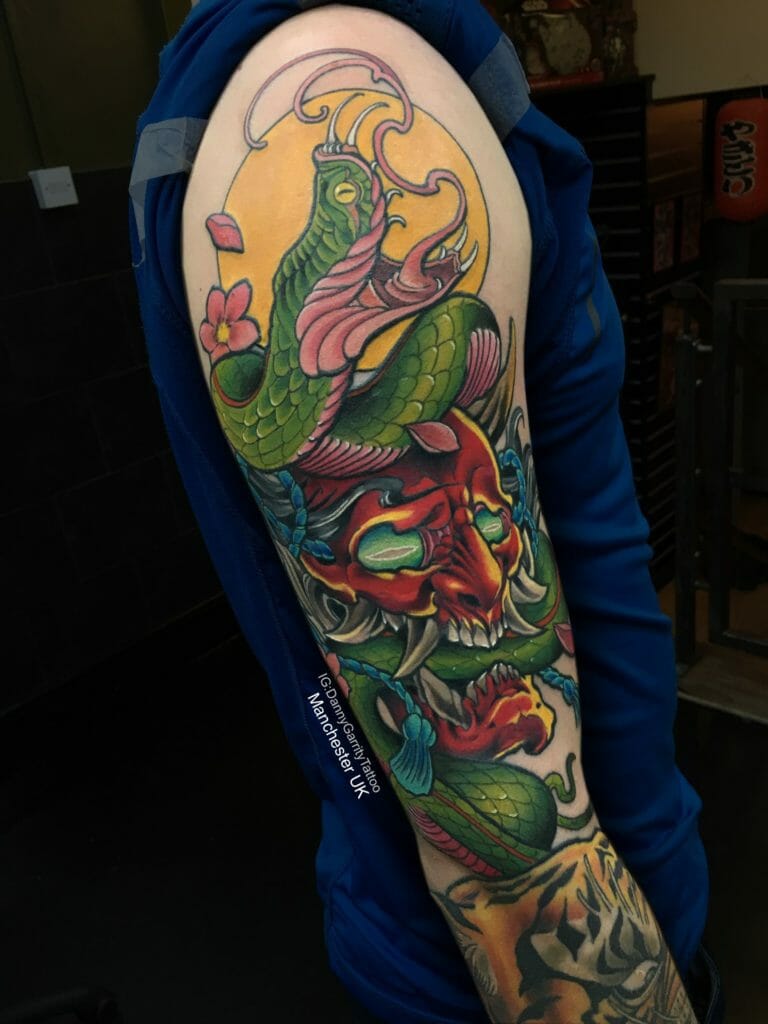 Snake Tattoo Sleeve Colorful Ink