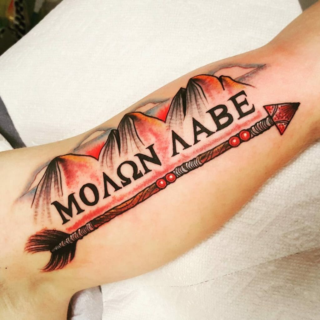 Colorful Molon Labe Tattoos Over Arm Outsons