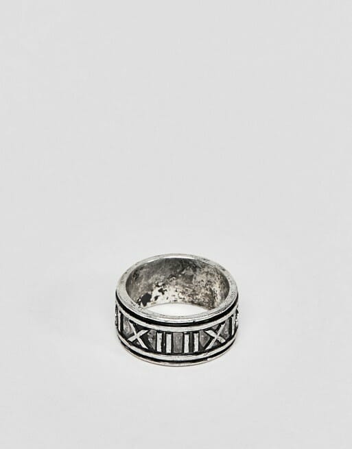 ASOS DESIGN Ring With Roman Numerals In Burnished Silver Tone