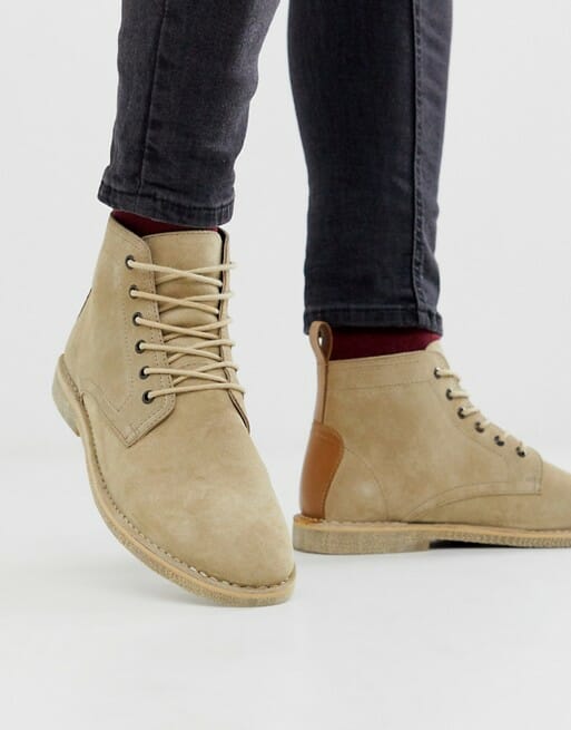 ASOS DESIGN desert chukka boots in stone suede with leather detail