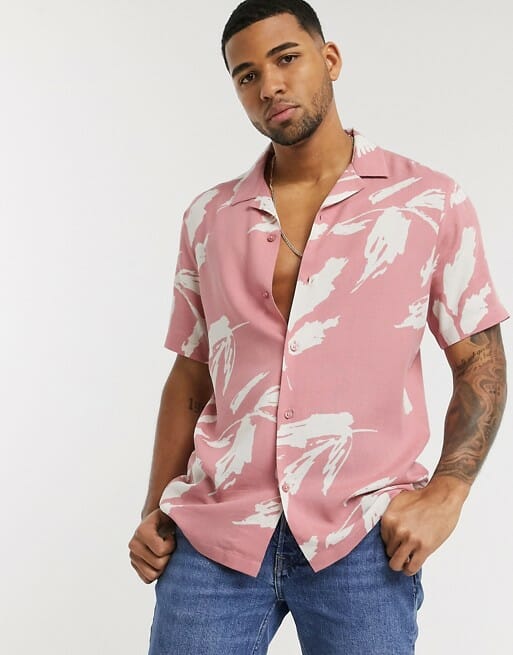ASOS DESIGN regular revere pink abstract leaf print shirt in pink